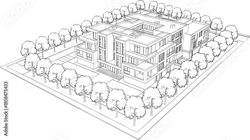 Bird's-Eye Perspective Vector Illustration of a Modern Multi-Story Building Complex Surrounded by Rows of Decorative Trees