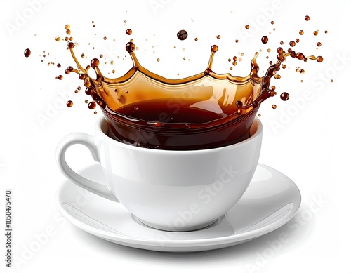 A white cup overflows with coffee in dynamic splash