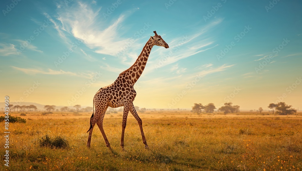 Obraz premium Tall giraffe navigating open meadow, illustrating animal movement and natural terrain