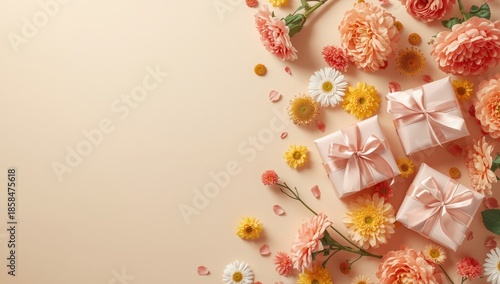 Motherâ€™s Day display with gift boxes and spring blooms arranged on a pastel beige backdrop