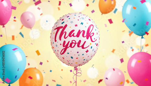 Thank you balloon surrounded by colorful balloons and confetti, festive atmosphere for International Thank You Day