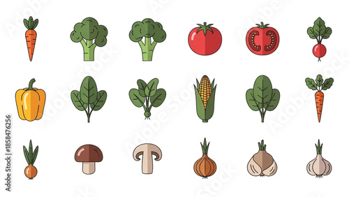 Colorful Cartoon Fresh Vegetables and Mushrooms Collection.