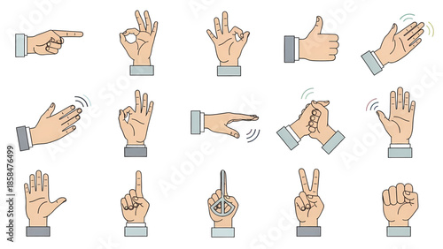 Diverse cartoon human hand gestures collection illustrating various actions signs and communication.
