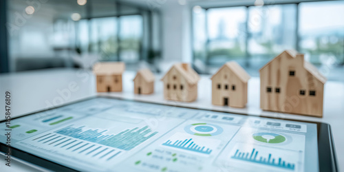 Tablet with analytics stands before miniature houses representing digital real estate investment.