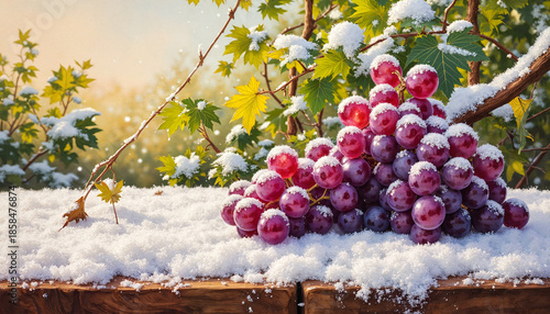 Grapes on snow, winter scenery, natural beauty for Trifon Zarezan celebration, with copy space