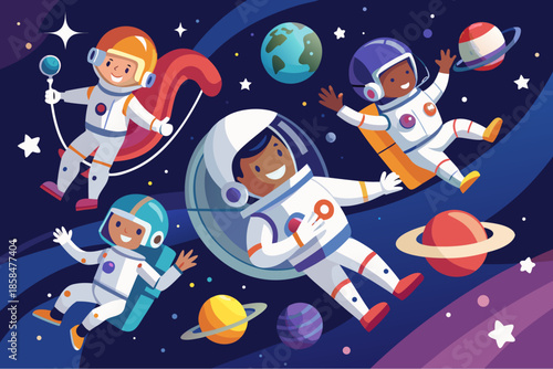 Happy cartoon astronauts floating in colorful outer space among planets, stars, and the Earth in the background