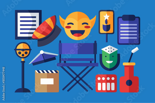Flat vector illustration of movie production elements including director’s chair, script, microphone, clapperboard, comedy and drama masks