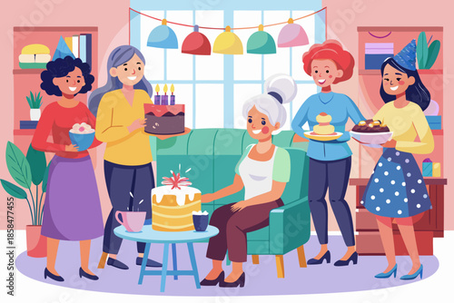 Senior woman celebrating birthday with group of smiling women at home party with cake, sweets and gifts