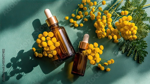 Natural Skincare Essence Mimosa Blossom Extract in Amber Dropper Bottles, Symbolizing Organic Beauty and Botanical Wellness
