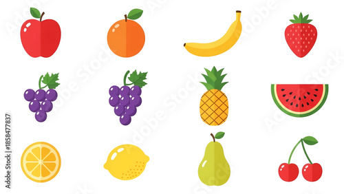 Colorful flat design fruit collection with various fresh and healthy produce icons.