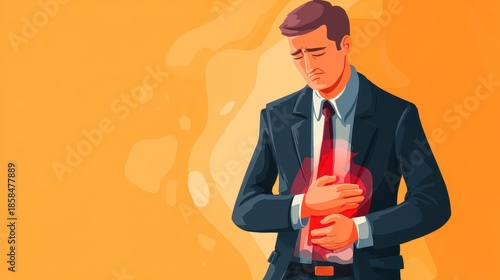 A cartoon businessperson clutches their stomach, depicting pain, potentially digestive issues, overlaid on an orange abstract background
