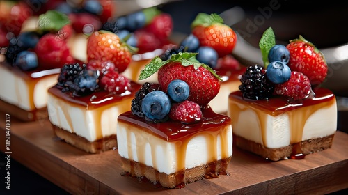 Delicious individual fruit-topped cheesecakes with caramel drizzle on a wooden board