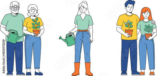 People gardening set with elderly couple young woman and couple holding potted plants and watering can vector illustration