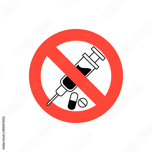 No drugs and syringe sign icon. Red prohibition circle with pill and needle symbol isolated on white background. Stop drug abuse, addiction, and medical warning concept.