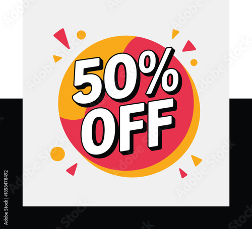 A colorful promotional badge displaying a fifty percent off discount offer social media post design