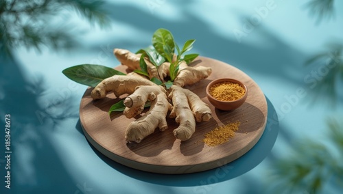 Ginger roots and leaves on a board with dried powder in a food preparation setting, highlighting processing methods