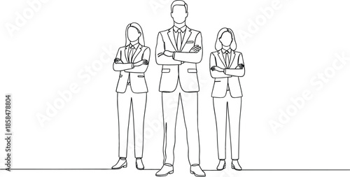 Continuous line art of professional business team in suits with arms crossed for corporate leadership concept