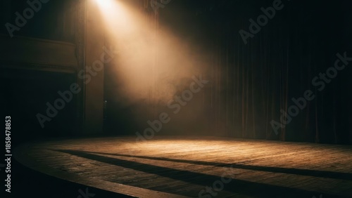 Dramatic light beam illuminating empty stage with dark background creating a sense of mystery and suspense