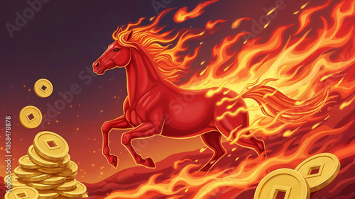 Red fire horse galloping with coins, vibrant illustration for Year of the Red Fire Horse 2026