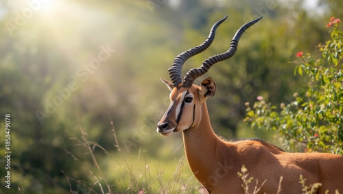 A detailed shot of a kudu with sunlight illuminating its features, ideal for nature scene backdrops