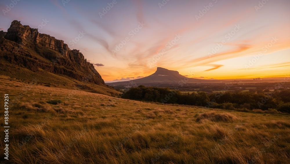 Obraz premium Scenic view of Salisbury Crags and Arthurs Seat at sunset, ideal for landscape imagery
