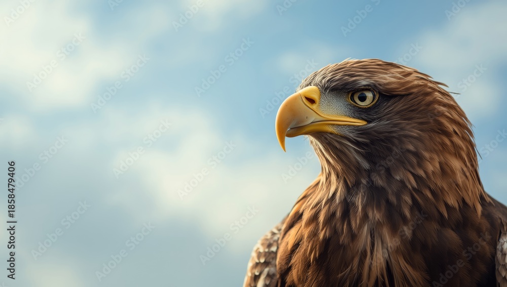 Naklejka premium Predatory golden eagle with intense expression, emphasizing hunting behavior for educational displays
