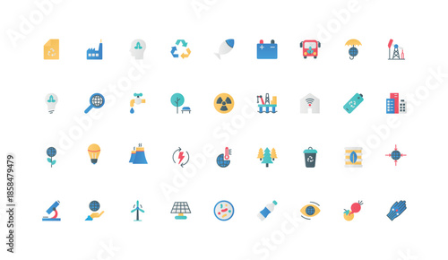 Green energy and plastic recycle technology to save and care nature, ecology color icon set. Alternative resources search and bio fuel, global climate change flat elements vector illustration