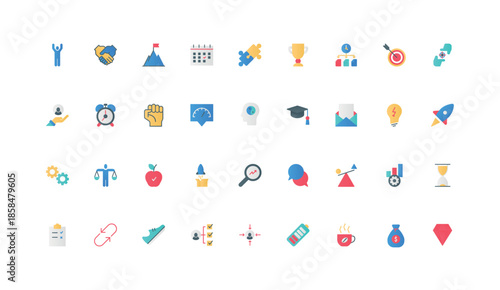 Efficiency of business startup, partnership and communication strategy color icon set. Coffee break in case of burnout, low battery, skills of effective manager flat elements vector illustration