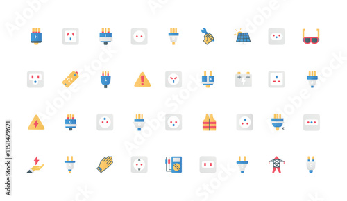 Types of international electrical plug and socket, different adapter and outlet, electrician tools infographic color icon set. World standard, electricity, connectors flat elements vector illustration