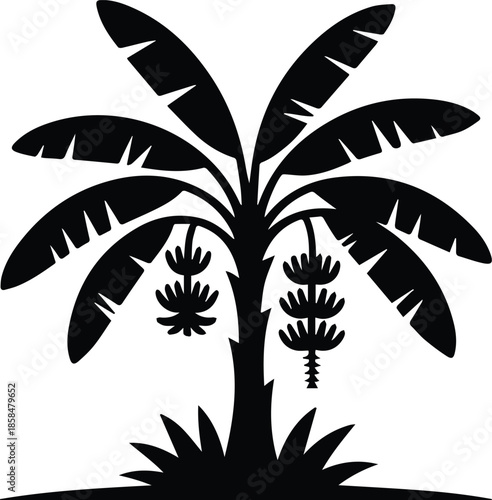 Minimalist black banana tree with fruit bunch silhouette vector icon