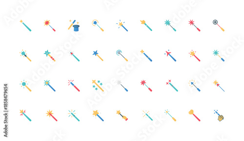 Magic wands, sticks of magician with stars and sparkles color icon set. Wizards tool to generate fantasy miracle, wish and mystery tricks symbols, witchcraft flat elements vector illustration