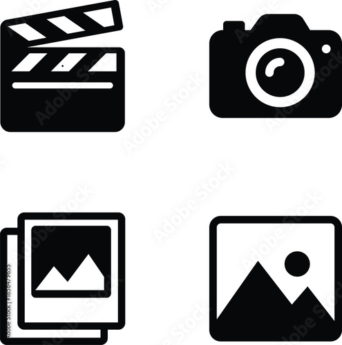 Collection of film camera photo album and image icons in black and white