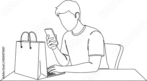 Continuous line art of man using smartphone and laptop with shopping bag on desk for online commerce concept