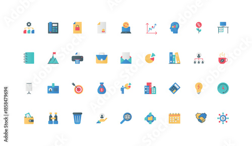 Strategy, tactics, office process of employee in corporate company color icon set. Work with document and email, coffee break and busy time, hierarchy of enterprise flat elements vector illustration