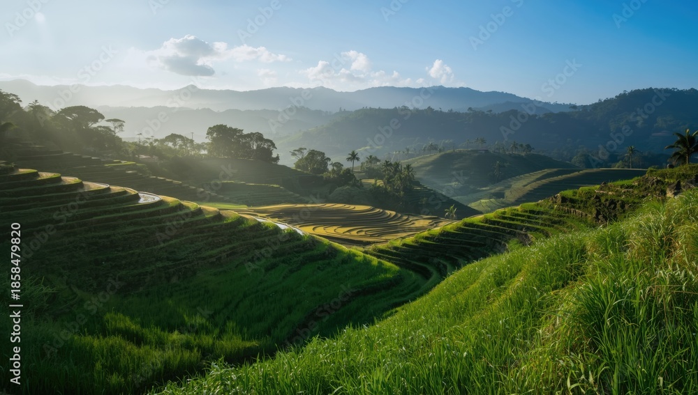 Obraz premium Morning sunlight on lush rice terraces close to a traditional village, highlighting sustainable farming practices, World Environment Day