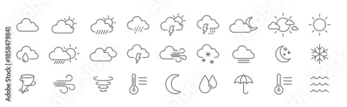 Collection of Weather Forecast Icons Representing Different Meteorological Conditions in Outline Style Exactly Two Hundred Characters