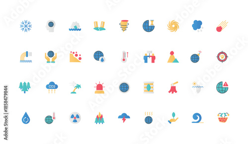 Natural disasters, accident and catastrophe of environment and weather color icon set. risk of fire and earthquake, house in flood storm, threat explosion of Earth flat elements vector illustration