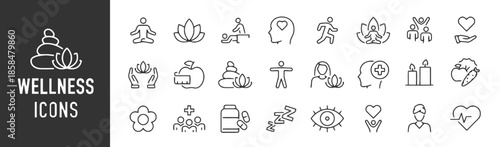Collection of Wellness Icons for Health and Relaxation Featuring Meditation, Lotus, Massage, Heart, and Healthy Food in Elegant Black Outline Style