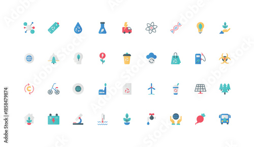 Sustainability, environmental protection with zero waste, green energy, renewable and eco friendly technology color icon set. Sustainable industry development flat elements vector illustration
