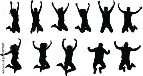 Set of Twelve Black Silhouettes of People Jumping with Arms Raised Representing Happiness, Joy, Freedom, and Energy