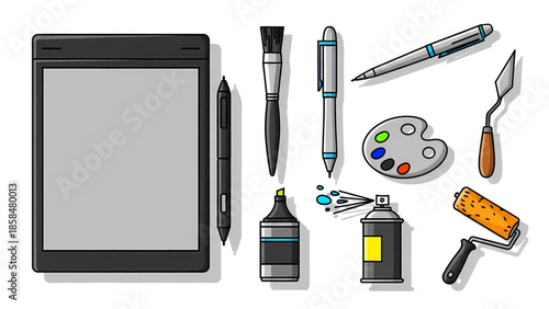 Diverse Art and Design Tools Collection with Graphic Tablet and Traditional Supplies.
