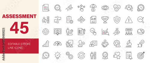 Compilation of Editable Stroke Line Icons Pertaining to Assessment and Evaluation