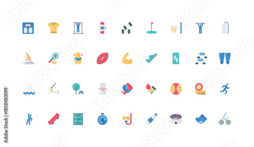 Healthy exercises in gym, games in stadium, control calories and weight color icon set. Smartwatch and tape to measure waist, skateboard and tennis, boxing, diving flat elements vector illustration