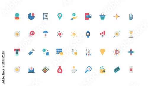 Financial transaction, exchange and payment via banking app, POS terminal, cash in wallet color icon set. Money withdraw and audit, electronic wallet, financial risk flat elements vector illustration