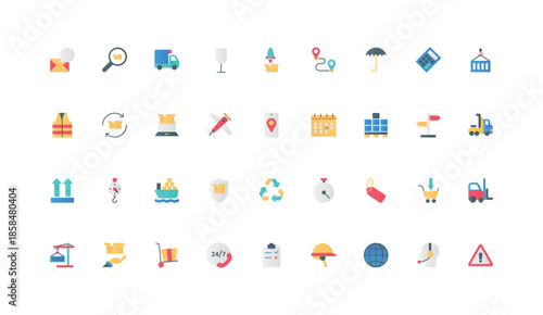 Freight transportation, box loading and storage, support service, export color icon set. Delivery calendar, warehouse equipment and machinery, cargo insurance flat elements vector illustration
