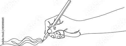 Continuous Line Art Drawing Vector of a Hand Holding a Pen and Writing a Wavy Line for Creativity and Drawing Concepts