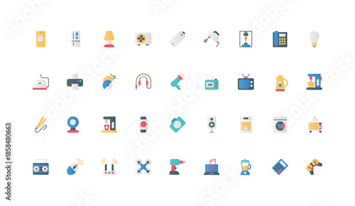 Gadgets and multimedia devices, electrical appliances for kitchen and household color icon set. TV and coffee machine, camera and headphones, drone and gamepad flat elements vector illustration