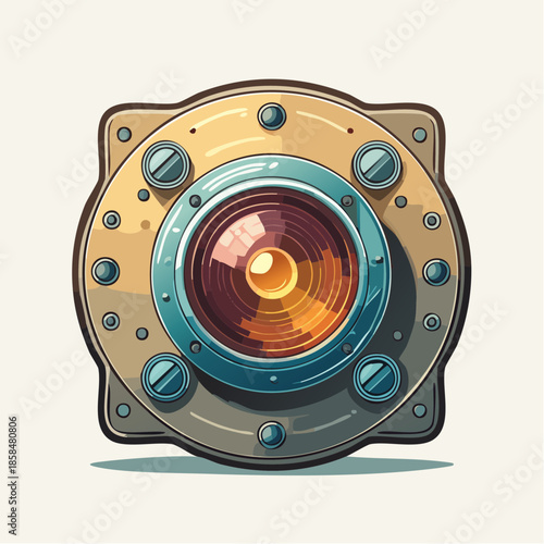 Steampunk-style speaker with intricate details and metallic textures.