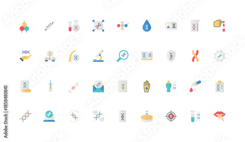 Genetics research and biotech, DNA helix molecule structure and gene model color icon set. Test of human saliva and blood, paternity, ancestry, nucleic acid sequence flat elements vector illustration