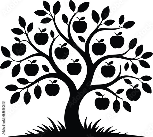 Minimalist black apple tree with ripe fruits silhouette vector icon